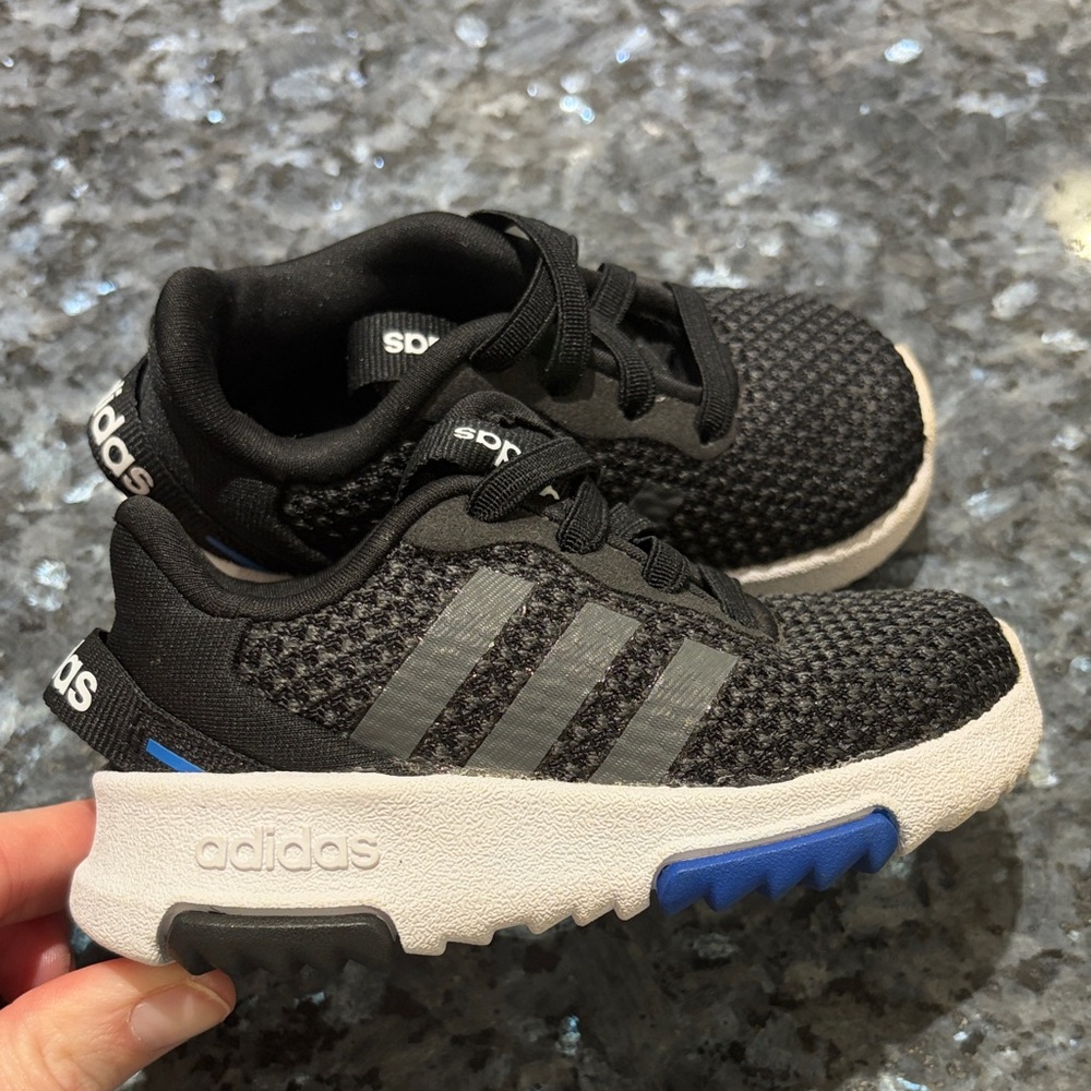 Adidas Kids Black and Gray Sneakers with Blue Accents toddler sz 4
